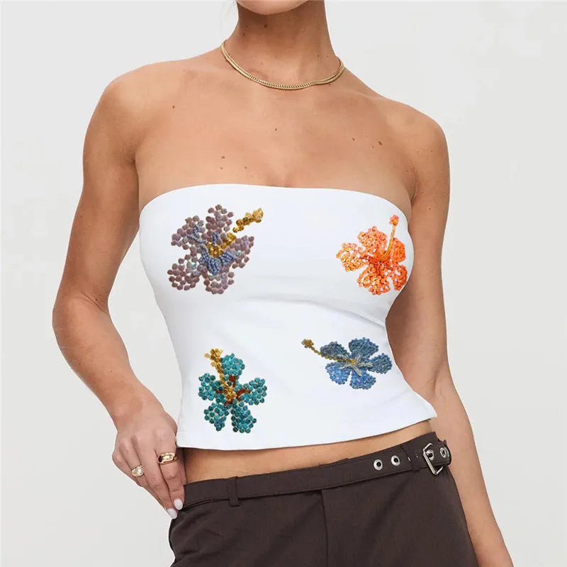 Aiertu  Womens Sequin Strapless Tube Top Y2k Sparkle Floral Sleeveless Backless Slim Fit Floral Top Off Shoulder Bandeau Tops Aiertu