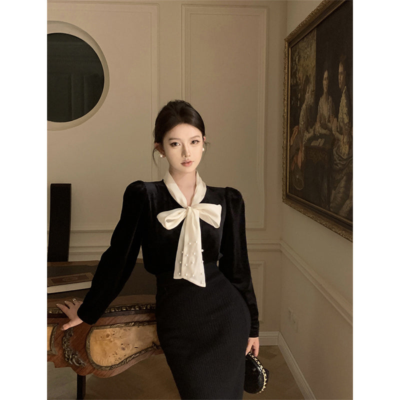 Aiertu Vintage Bow Shirts Women Elegant Black Velvet Blouses Office Lady Korean Party Long Sleeve Chic Basic All Match Tops New Aiertu