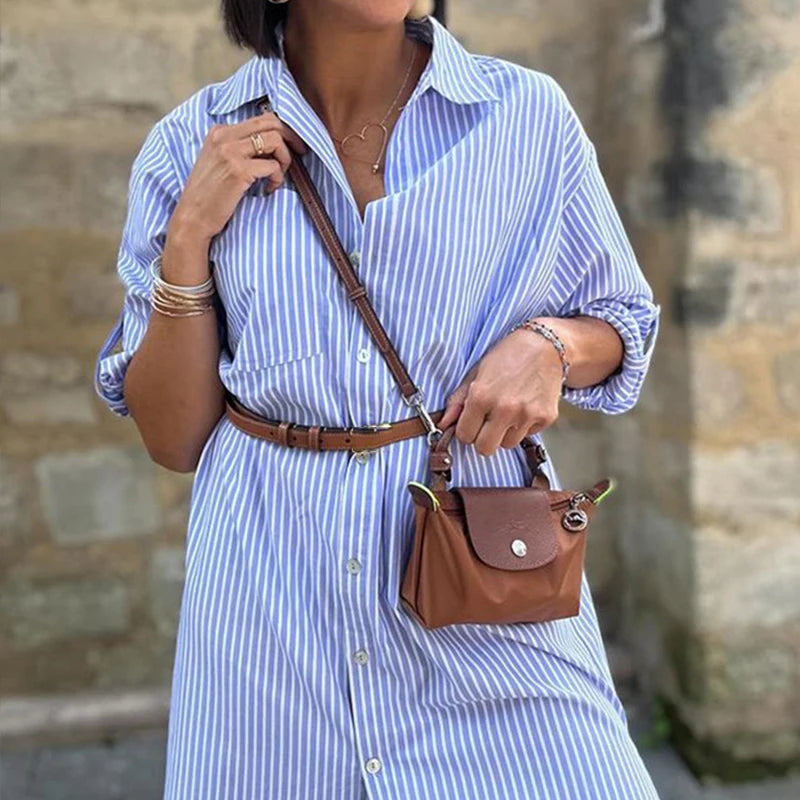 Aiertu  -  Women Fashion Single-breasted Shirt Dress Office Elegant Lapel Striped Printed Party Dress Casual Long Sleeve Loose Midi Dresses Aiertu
