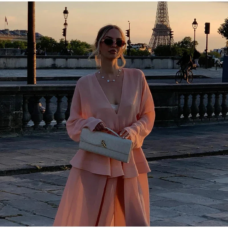 Aiertu  -  Elegant Ruffles Patchwork Pleated Long Dress Women V-neck A-line Long Sleeve Puffy Dresses 2025 Summer Street Vacation Lady Robe Aiertu