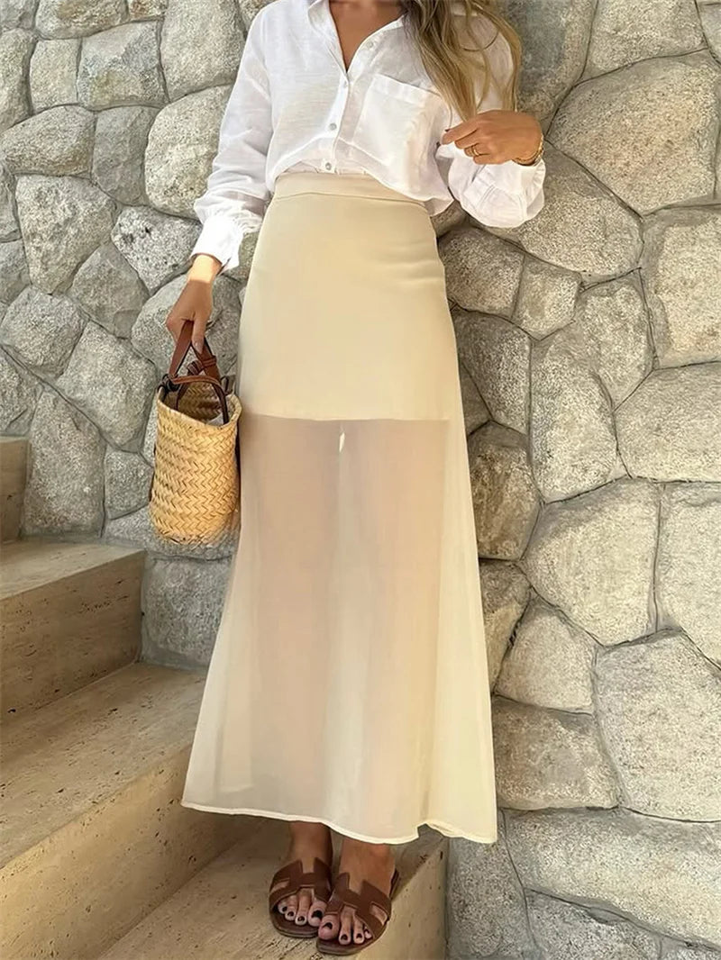 Aiertu  -  Autumn See Through Sexy Long Skirt Women Double-layer Mesh Elegant High Waist Patchwork Fashion Slim Female Long Skirt Aiertu