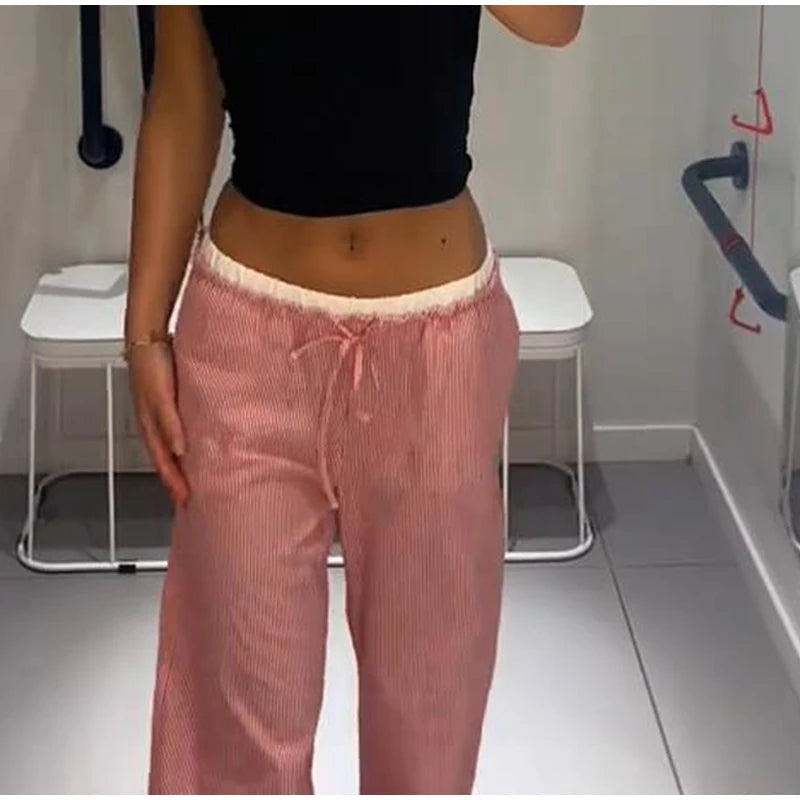 Aiertu  -  Casual Baggy Pants Women High Waist Wide Leg Straight Drawstring 2025 Summer Trouser Low Waist Striped Holiday Street Pants Aiertu