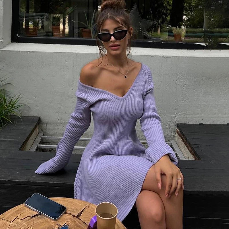 Aiertu  -  Autumn Winter Sweater Dress Sexy Off-Shoulder Women's A-Line Hem Elegant Rib Knit Mini Dresses Long Sleeve Higt Waisted Aiertu