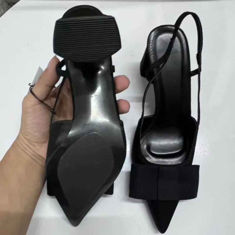 Aiertu  -  Pointed Toe Women's Office Shoes 2025 Spring Black Retro Bow Decoration High Heels Shallow Slingbacks Elegant Ladies Pumps Aiertu