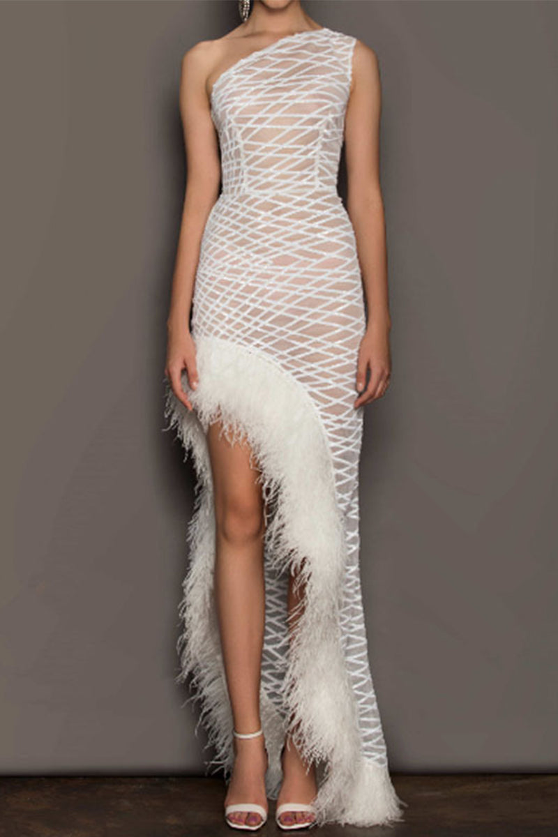 Aiertu  -  Sexy Prom Irregular Mesh Feather Hemline Sloping Shoulder Evening Dresses Aiertu