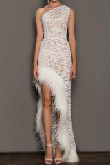 Aiertu  -  Sexy Prom Irregular Mesh Feather Hemline Sloping Shoulder Evening Dresses Aiertu