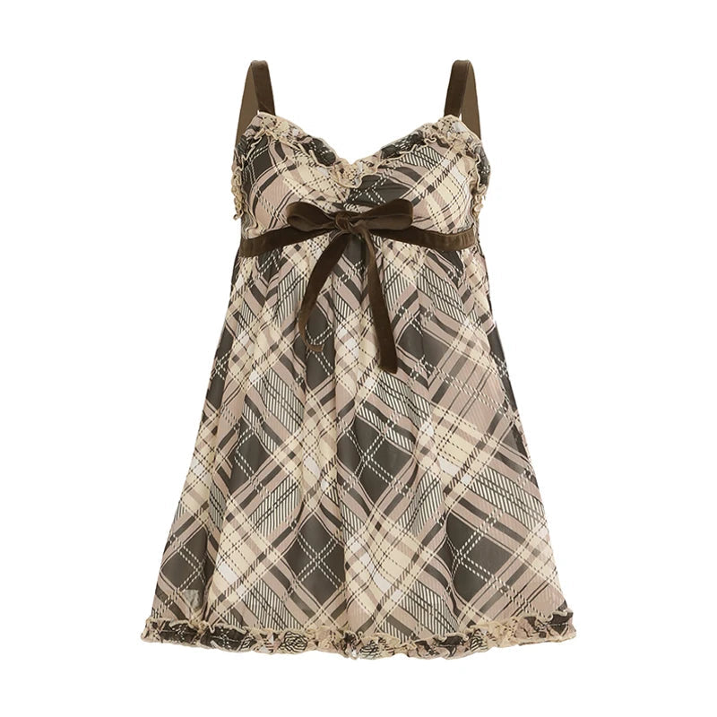 Aiertu  Sweet Plaid Bow Cute Simple Camisole Dresses Tops Fashion All-Match Retro Women Home Clothing Aiertu