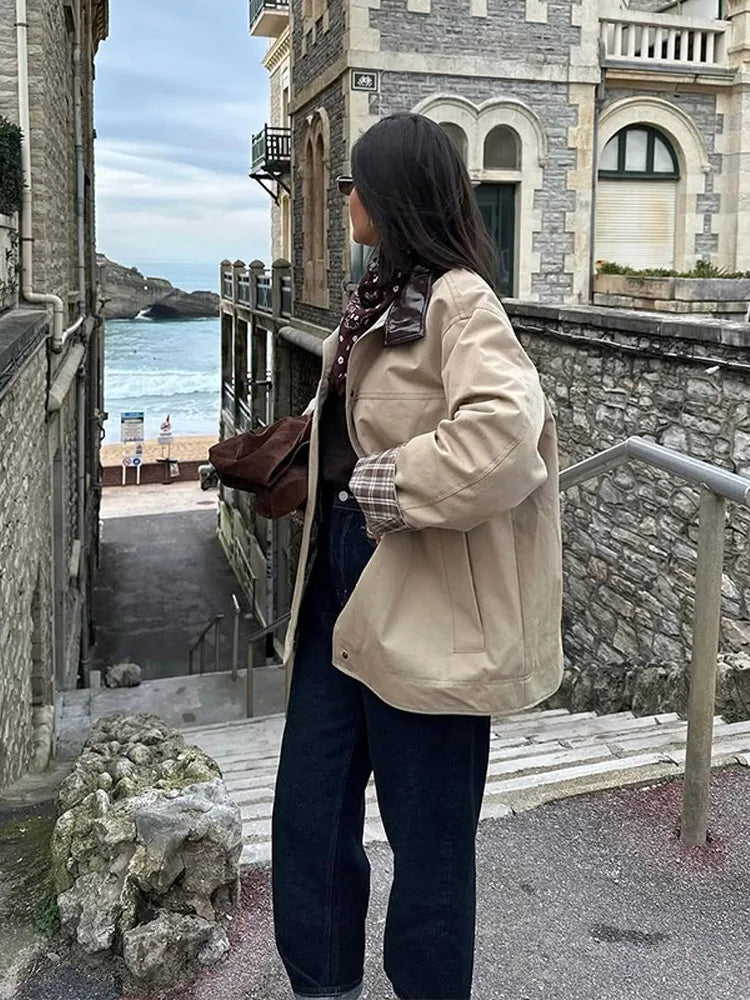 Aiertu  -  Patchwork Vintage Pu Jacket Women Loose Stand Collar Long Sleeve Button Khaki Coats Spring Chic Street Outwears Lady 2025 Aiertu
