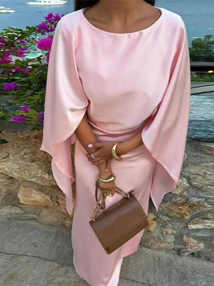 Aiertu  -  Elegant Pink Satin Half Flare Sleeved Long Dress Women Fashion O Neck Bodycon Maxi Dresses 2026 New Lady Vocation Party Robes Aiertu