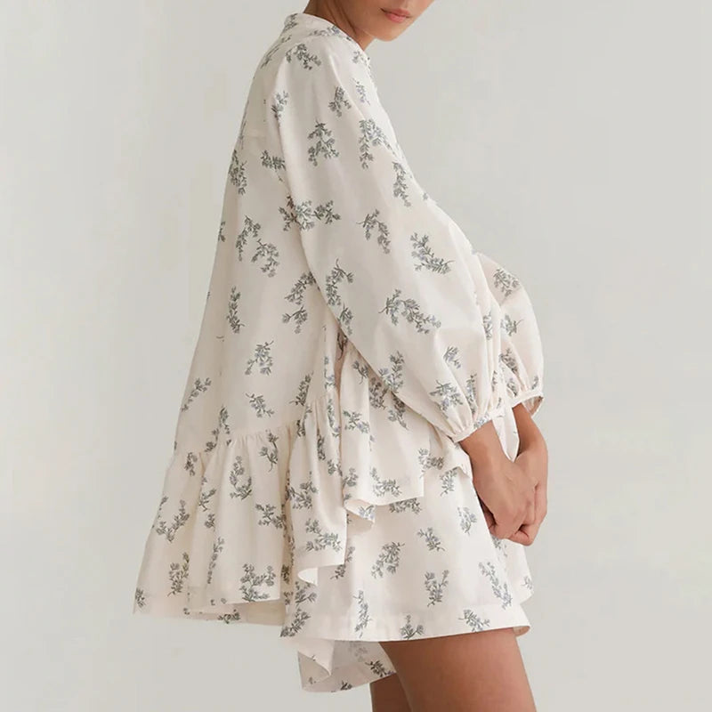 Aiertu  -  Print Shorts Suit Women's Chic Puff Sleeve Ruffled Splice T-Shirt Loose Shorts Matching Set Female Fashion Autumn Outfits Aiertu