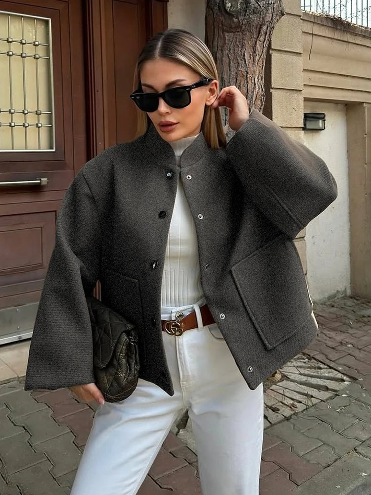 Aiertu  -  Stand Collar Short Jacket For Women Fashion Loose Single Breasted Coat Casual 2025 Spring Autumn New Solid Woman Outwear Aiertu