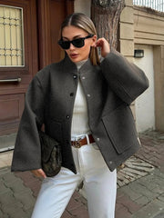 Aiertu  -  Stand Collar Short Jacket For Women Fashion Loose Single Breasted Coat Casual 2025 Spring Autumn New Solid Woman Outwear Aiertu