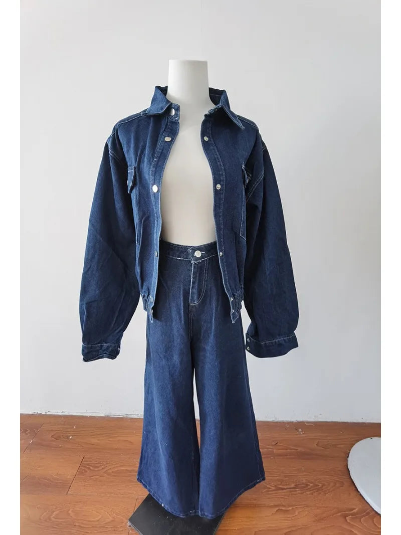 Aiertu  -  Sweet Hot Girl Retro Suit Women's Spring and Autumn Slim Fit Denim Short Shirt Loose Wide Leg Pants Two-piece Set Female Clothes Aiertu