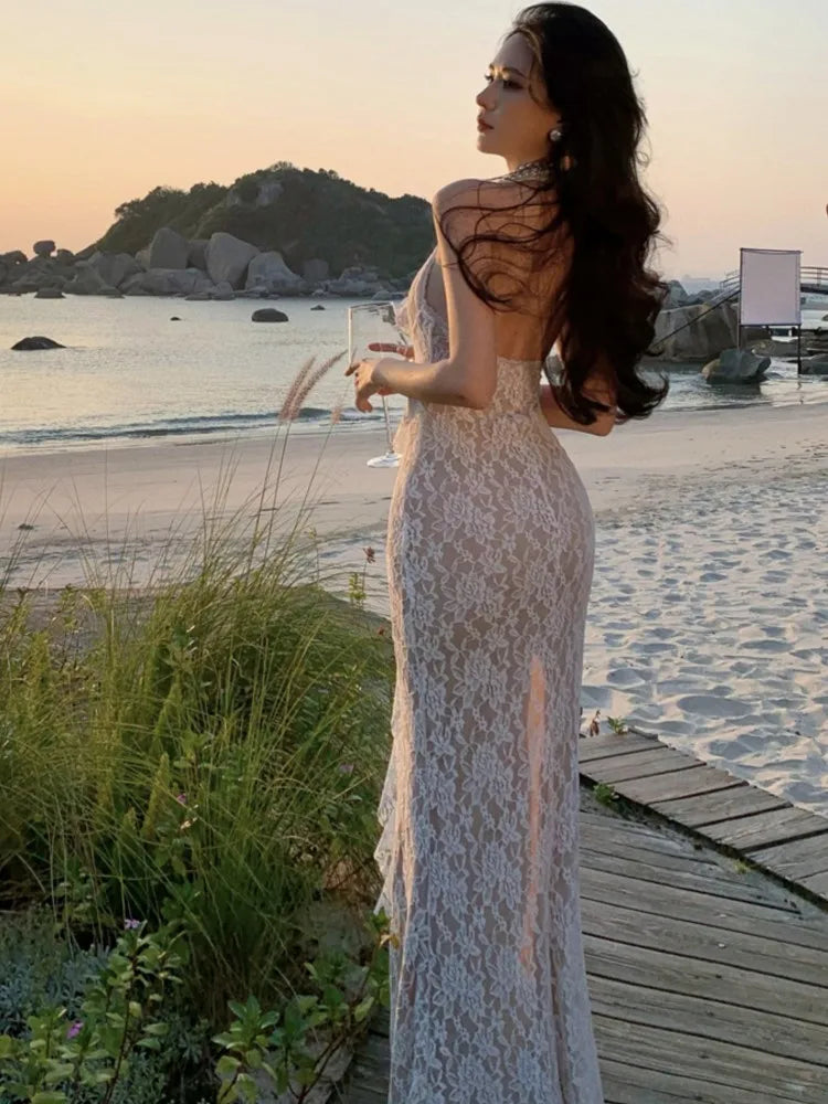 Aiertu  -  Sexy Lace Evening Dresses for Women Elegant V-Neck Halter Backless Bodycon Party Long Dress Slim Split Vestidos Female Clothing Aiertu