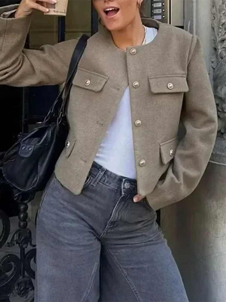 Aiertu  -  New Retro Fashion Women Coarse Tweed Round Neck Long Sleeved Jacket Winter Korean Elegant Lady Long Sleeved Button Short Jacket Aiertu
