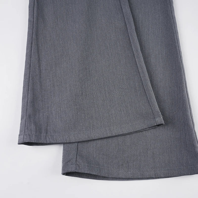 Aiertu  -  Ladies Casual Grey Flared Pants Chic Leather Striped Patchwork Low Rise Casual Pants Streetwear y2k Trouser Korean Style Aiertu