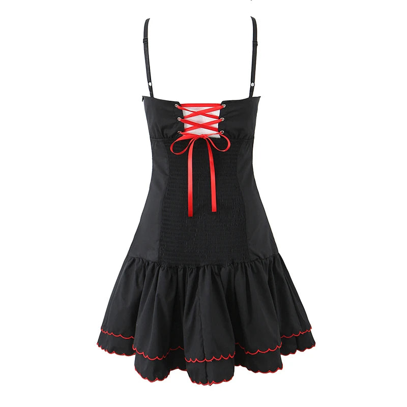 Aiertu  -  Sexy Sweet Women Floral Embroidery Spaghetti Straps Dress Fashion High Waist A-line Mini Summer Dresses Female Lace Up Robe Aiertu