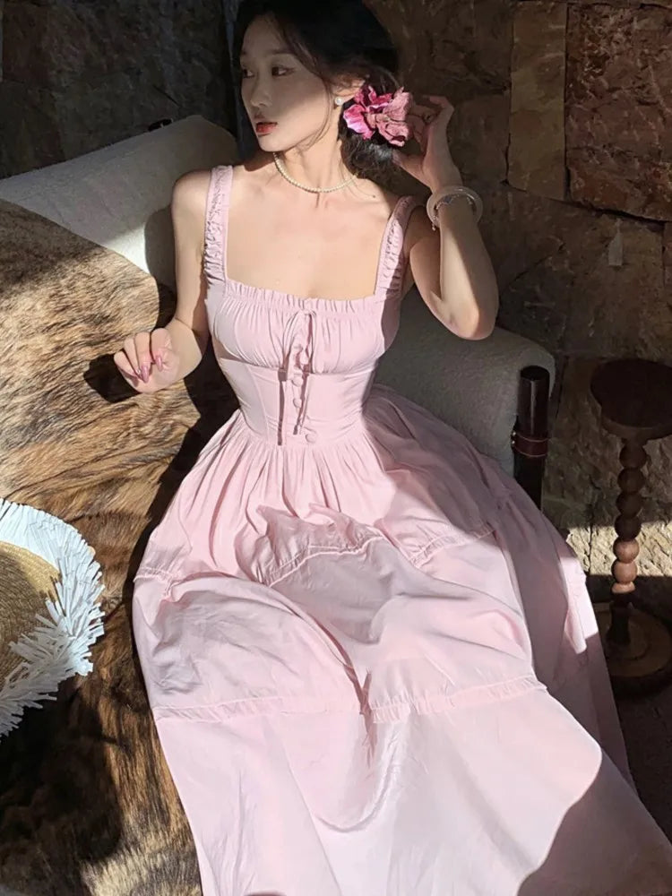 Aiertu  -  French Pink Womens Dresses Elegant Sweet Square Collar Sleeveless Lace-up Casual Vestidos Holiday Birthday Party Midi Dress New Aiertu