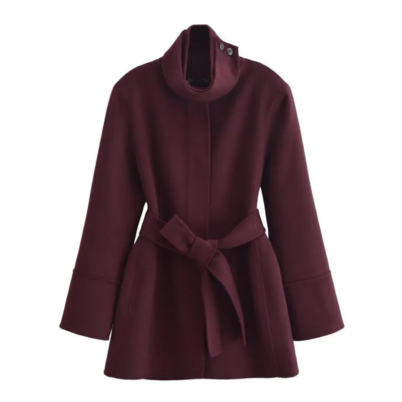 Aiertu  -  Elegant Burgundy Belt Stand Collar Jacket Women Fashion Long Sleeve Button Wool Blend Coats Chic High Street Lady Long Outwears Aiertu