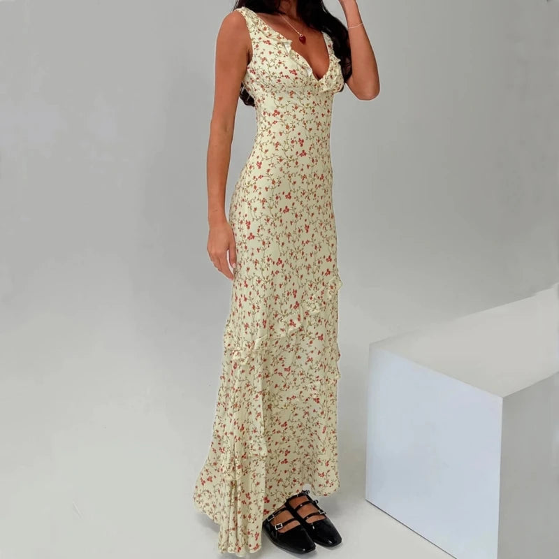 Aiertu  Floral Print Sexy V Neck Ruffles Elegant Bodycon Maxi Dresses Spring Fashion Holiday Streetwear Party Women Vestidos Aiertu