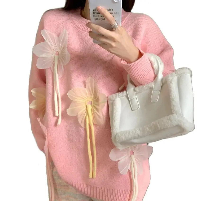 Aiertu  -  Korea Sweet Daily Sweaters Women Chic Loose Knitted 2026 Spring Pullovers Office Lady High Street Florals Gentle Casual Aiertu