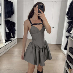 Aiertu  -  V-neck Fold Suspender Dress For Women Belt Buckle Backless Sexy Bodycon Mini Dress A-line High Waist  Party Dress Ladies Aiertu