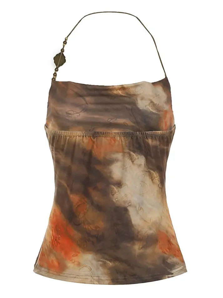 Aiertu  -Vintage Abstract Print Contrast Beaded Halter Top aiertu