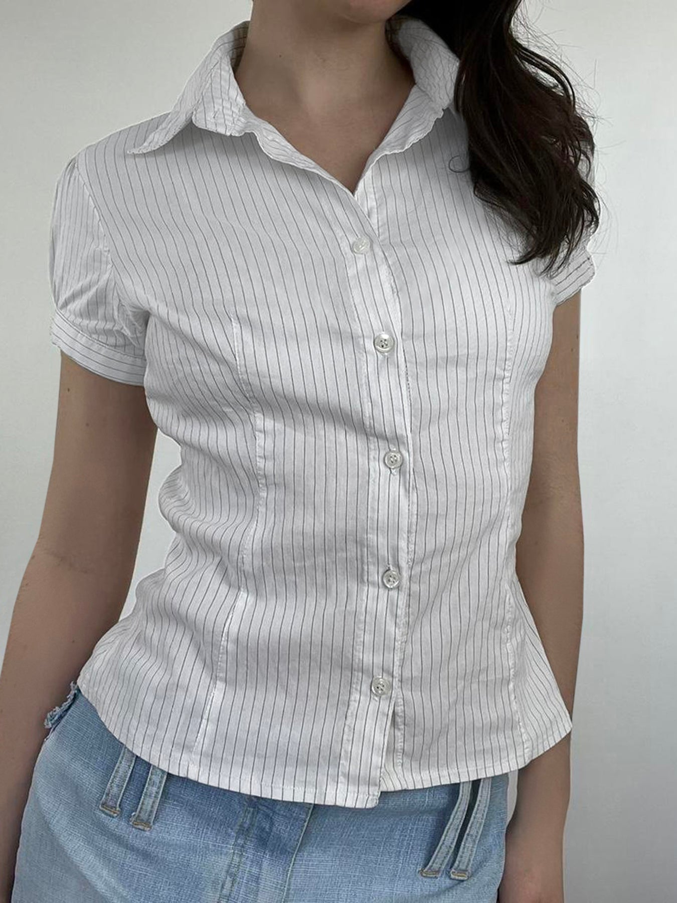 Aiertu - summer inspo Hot White Stripe Puff Short Sleeve Button Shirts For Women Basic Simple Casual Seumme Preppy Tops Y2K Korean Clothes Aiertu