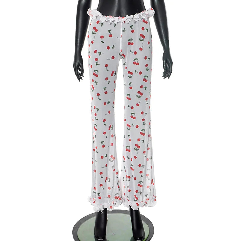 Aiertu  -  Women's Sexy See Through Ruffles Flare Pants Cherry Print Mesh Trousers 2025 New Summer Cute Party Club Bottoms Beachwear Aiertu