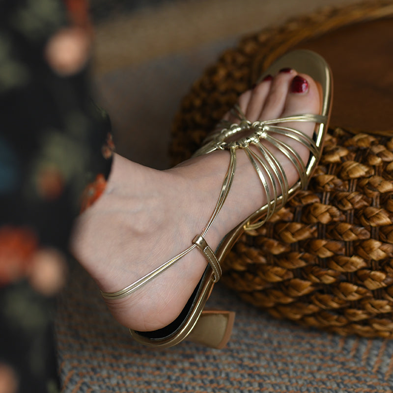 Aiertu  Buckle Strap Vintage Summer Gold Shoes For Women French Style Sandals Microfiber Ladies Shoes Female Retro Sandals Aiertu
