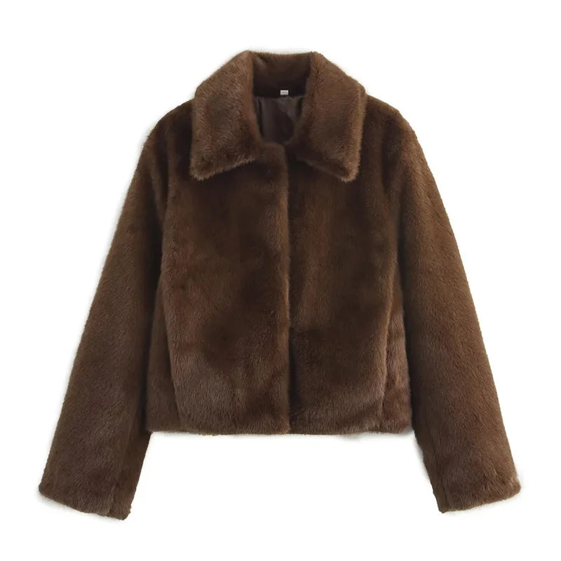 Aiertu  -  casual winter outfits 2024 Winter Brown Fluffy Faux Fur Short Coat Women Elegant Lapel Long Sleeve Plush Soft Warm Jacket Lady High Streetwear Aiertu