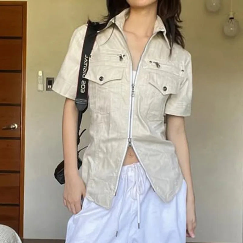 Aiertu  -  Pockets Zipper Short Sleeve Tops Y2k 2000s Style Shirts & Blouses for Woman Downtown Clothes P84-EE20 Aiertu