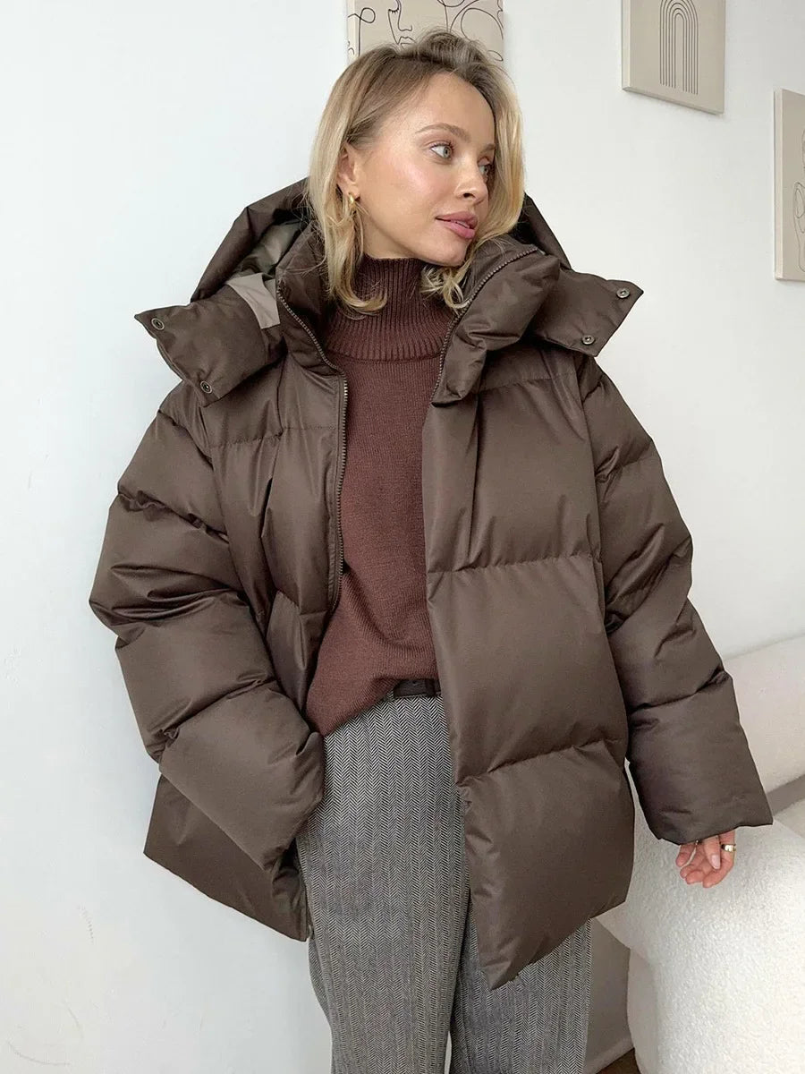 Aiertu  -  Female Cotton Jacket Solid Hooded Zipper Cotton Jacket 2026 Autumn Winter New Lady Loose Long Sleeve High Street Outwear Aiertu
