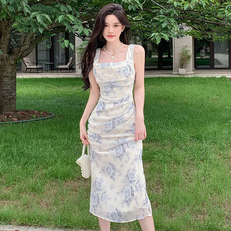 Aiertu  -  Summer Long One Piece Dress For Women Clothes Elegant Pretty Sweet Print Sexy Strap Wrap Hip Slit Midi Party Robe Mujer Vestidos Aiertu