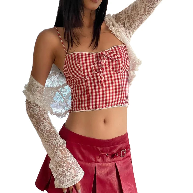 Aiertu  -  Hottie Plaid Print Camisole Irregular Edges Bow Midnight Street Sweet Versatile Skinny 2025 Summer Trend Daliy Mini Tops Aiertu