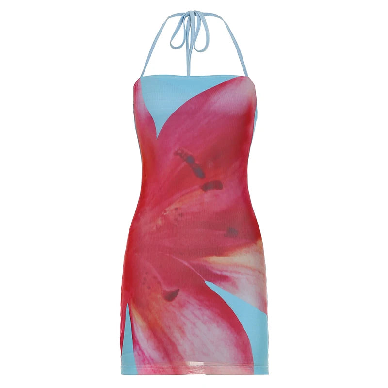 Aiertu  -  Holiday Style Floral Print Halter Mini Dress Summer Women Sexy Backless Slim Fit Bodycon Short Dress Boho Chic Outfit Aiertu