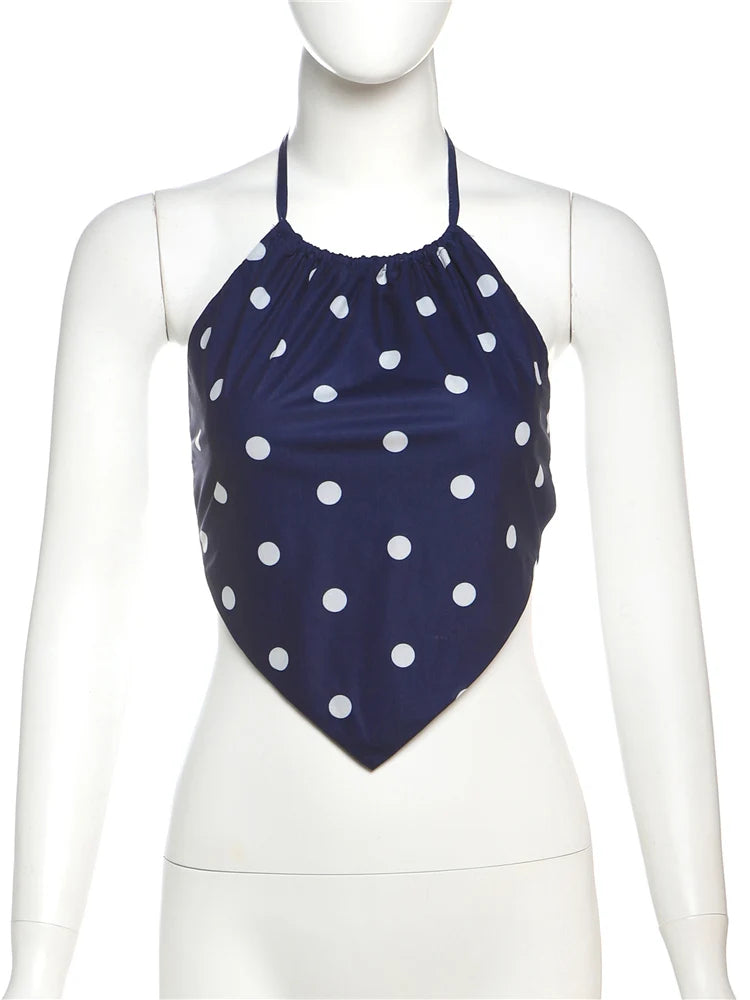 Aiertu  -  Sexy Polka Dot Print 2-Piece Set Women Halter Bandage Halter Backless Sleeveless Mini Tops+Straight Skirt Matching Suit Aiertu