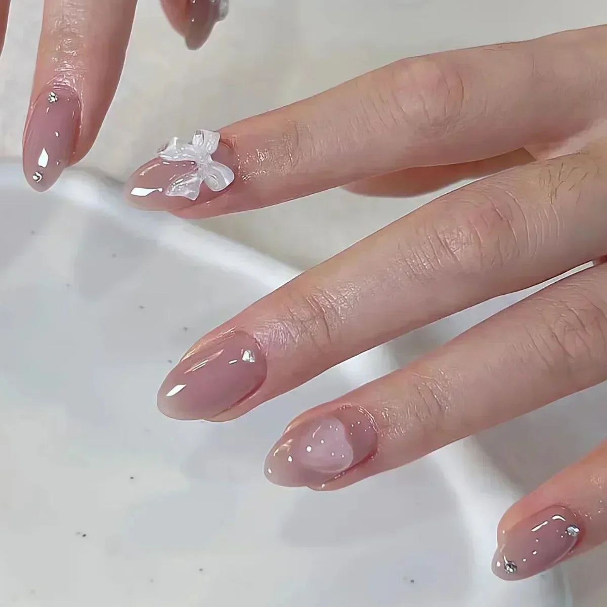 Aiertu 24Pcs Pink Almond French Press on Nails With 3D Bow ripple charms Design Fake Nails Ballerina False Nails Full Cover Nail Tips Aiertu