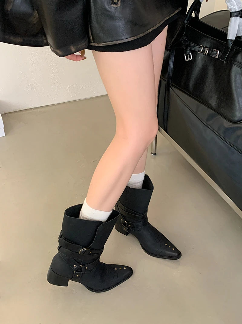 Aiertu    -  Black Chunky Heels Ankle Boots Woman Pointed Toe Rivet Fall Shoes Belt Buckle Western Style Cowboy Boots Zapatos Mujer Aiertu
