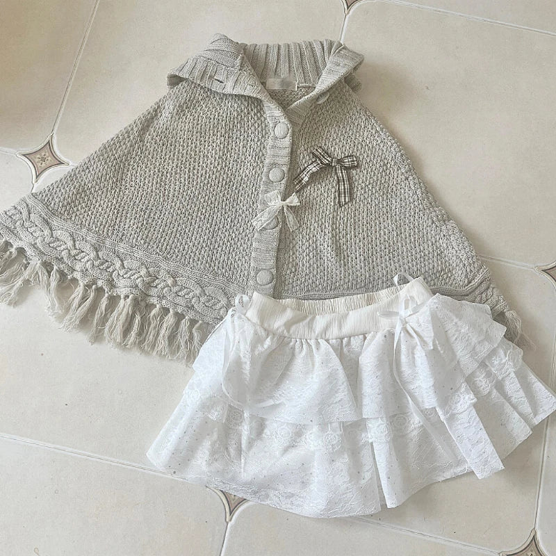 Aiertu  -  Women Preppy Style Two Pieces Set Y2K Aesthetic Bow Casual Knitted Tassels Hooded Grunge Fairy Lace Patchwork Short Skirts Suit Aiertu