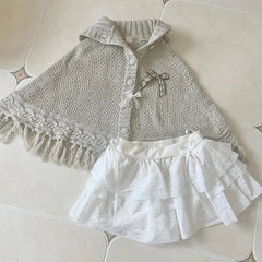 Aiertu  -  Women Preppy Style Two Pieces Set Y2K Aesthetic Bow Casual Knitted Tassels Hooded Grunge Fairy Lace Patchwork Short Skirts Suit Aiertu