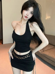 Aiertu  Hot Girl Sexy Suit Women's Metal Ring Irregular Halter Neck Vest Top Wrap Hip Short Skirt Two-piece Set Fashion Female Clothes Aiertu