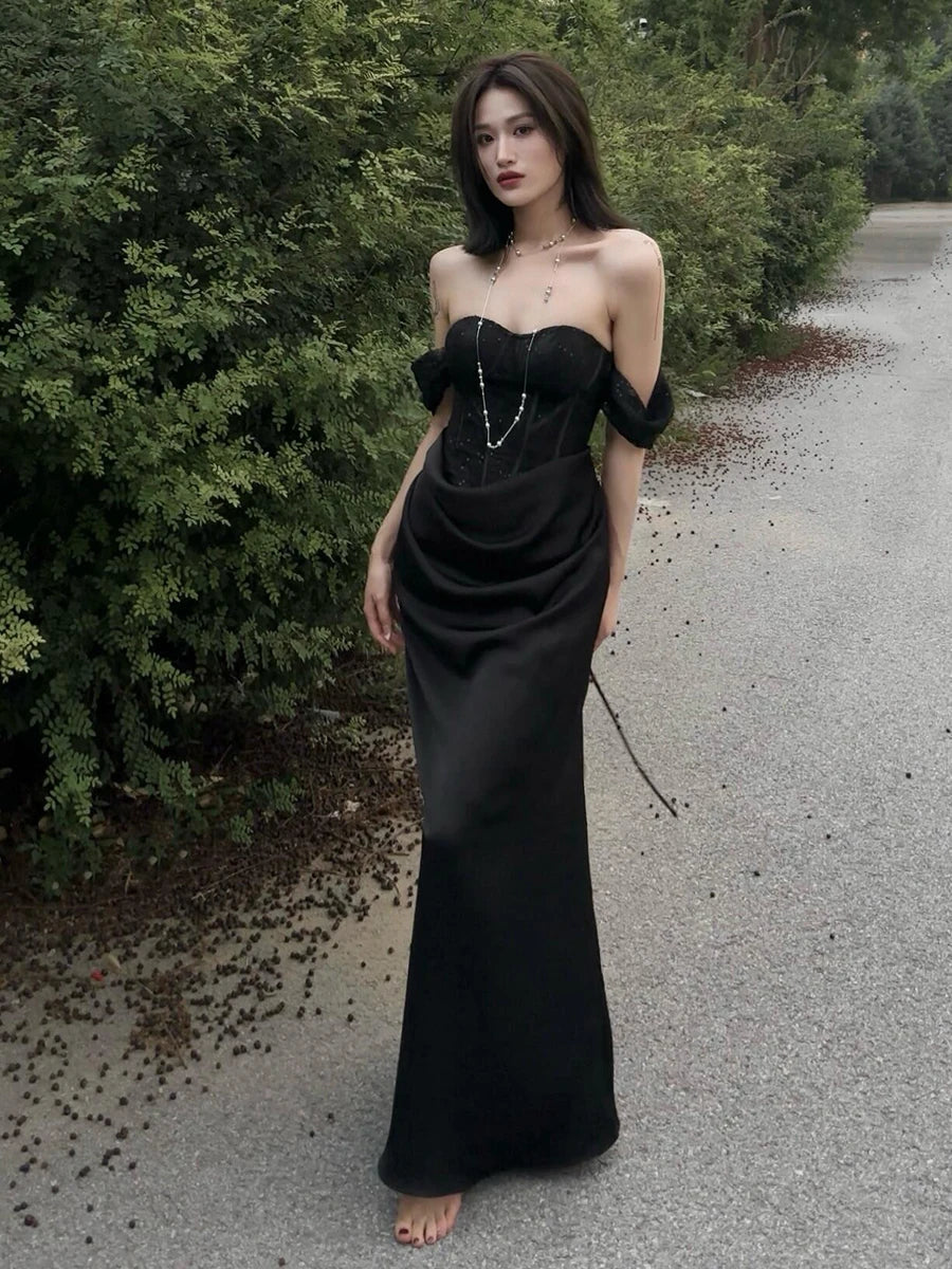 Aiertu  -  Formal Black Stitch Lace Satin Party Gown Women Maxi Boned Corset Sweetheart Mermaid Evening Dress Sexy Retro Clothes Aiertu