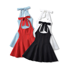 Aiertu  -  4 colors Sexy Bow Halter Sling Dress Women Spliced Hollow Out Hole Line Slim Waist Ball Gown Backless Dresses Party Robe Aiertu