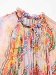 Aiertu  -  Fashion Print Tulle Lace Up Dress Women Loose O-neck Long Lantern Sleeve Pleated Female Dresses Summer Lady Colorful Robes Aiertu