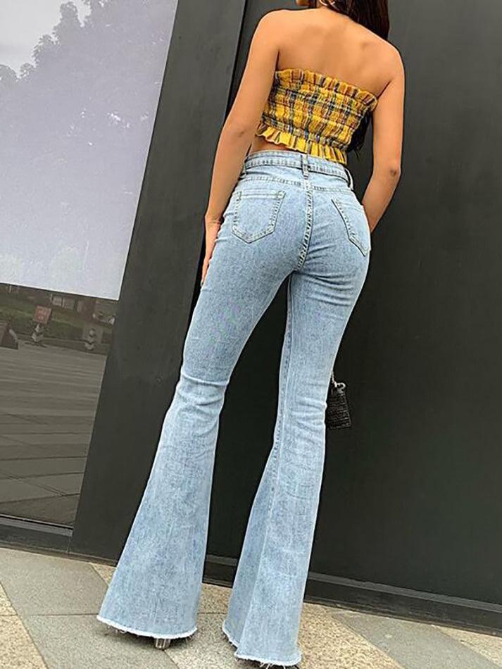 Aiertu  Mid Rise Washed Frayed Flared Jeans Aiertu