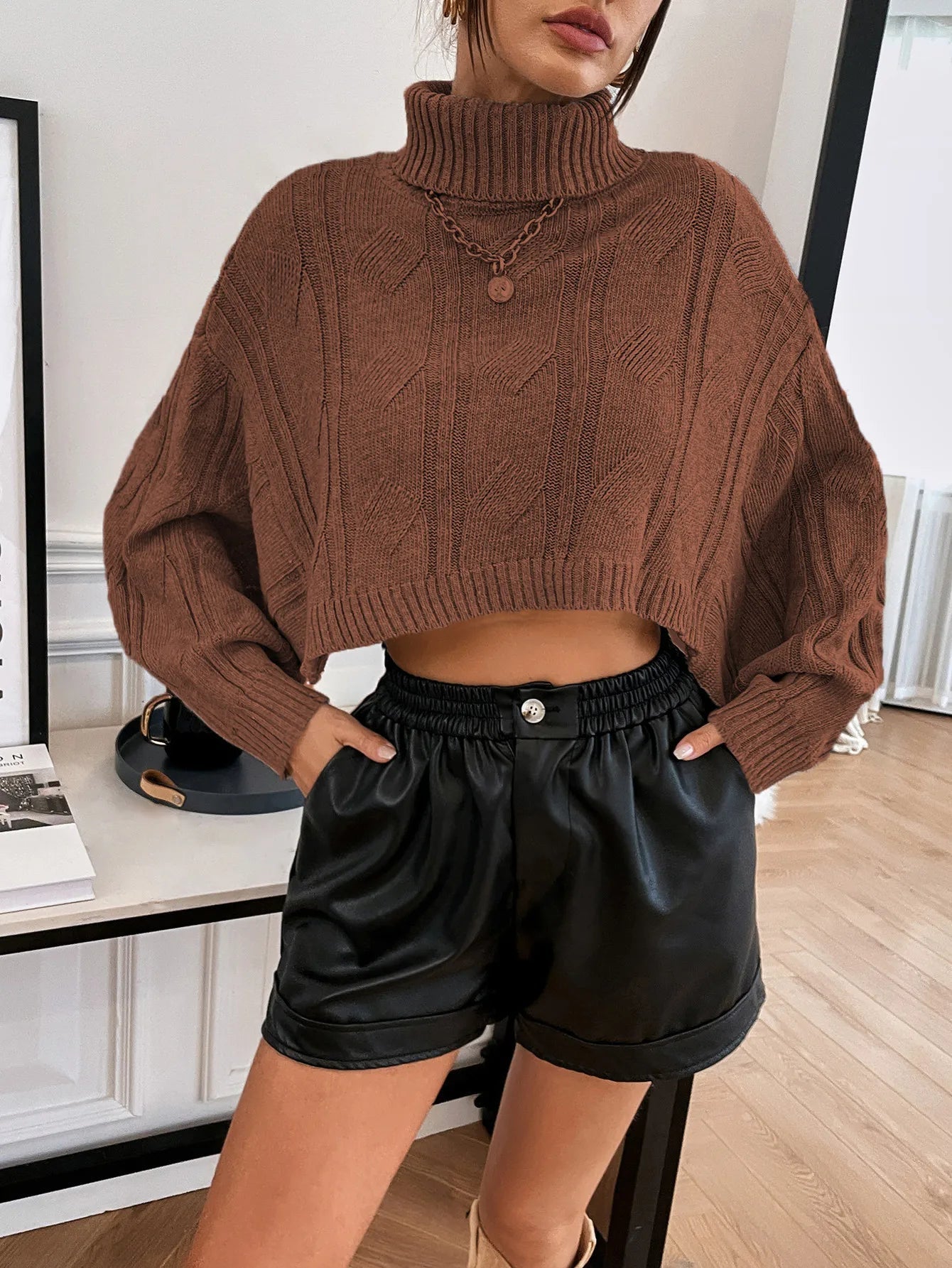 Aiertu  -  Turtleneck Cropped Sweater Women Autumn Winter Streetwear Loose Casual Pullover Knitted Long Sleeve Tops Solid Aiertu