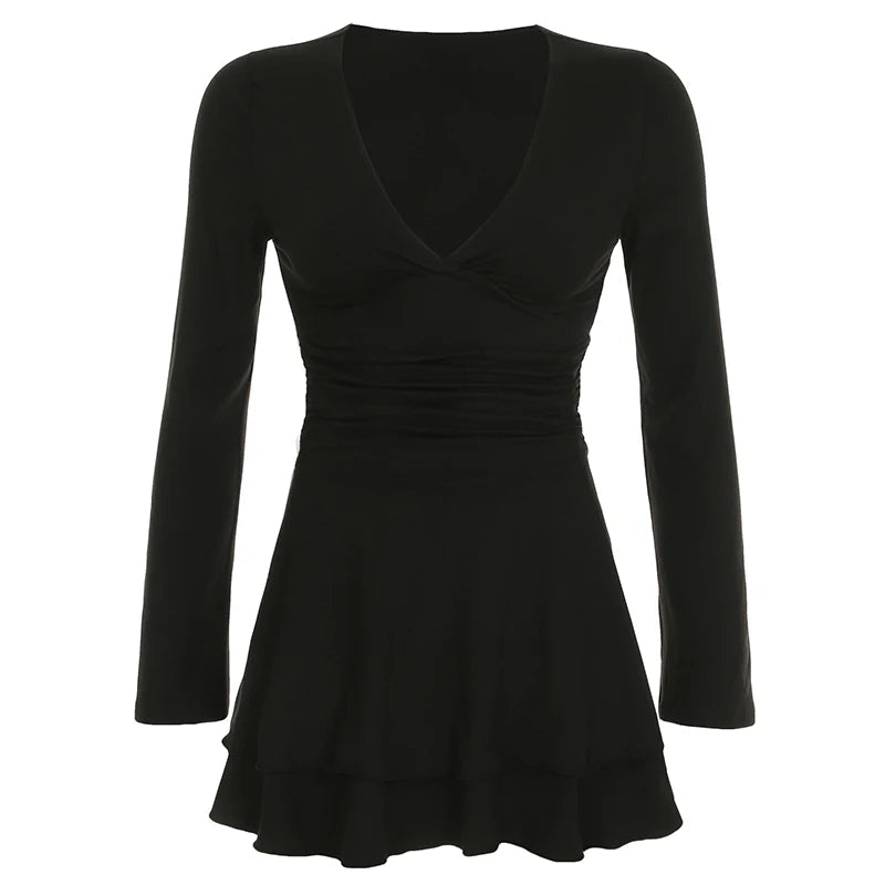 Aiertu  Black Slim V-Neck Low-Cut Long Sleeve Dresses Sexy Basic Women 2024s New Clothes Tierred Ruched Short Vestido Aiertu
