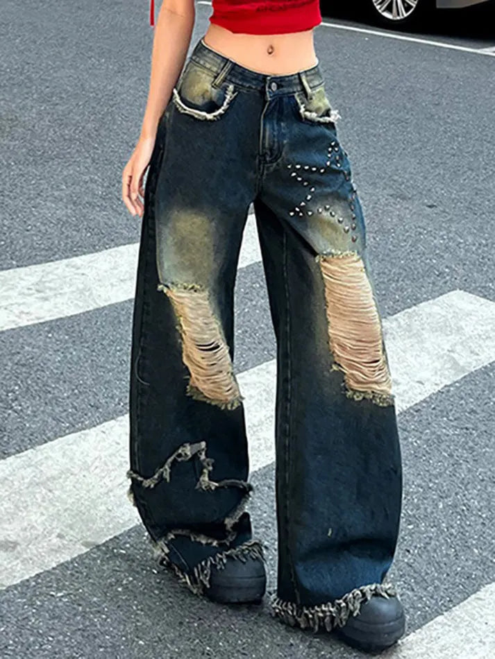Aiertu  -Star Rhinestone Gradient Low Waist Loose Jeans aiertu
