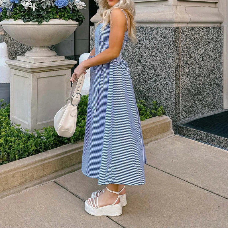 Aiertu  -  Fashion Bow Patchwork Loose Dress Sexy Hollow Sleeveless Beach Strap Dress New Summer Off Shoulder Stripe Print Long Dress Aiertu